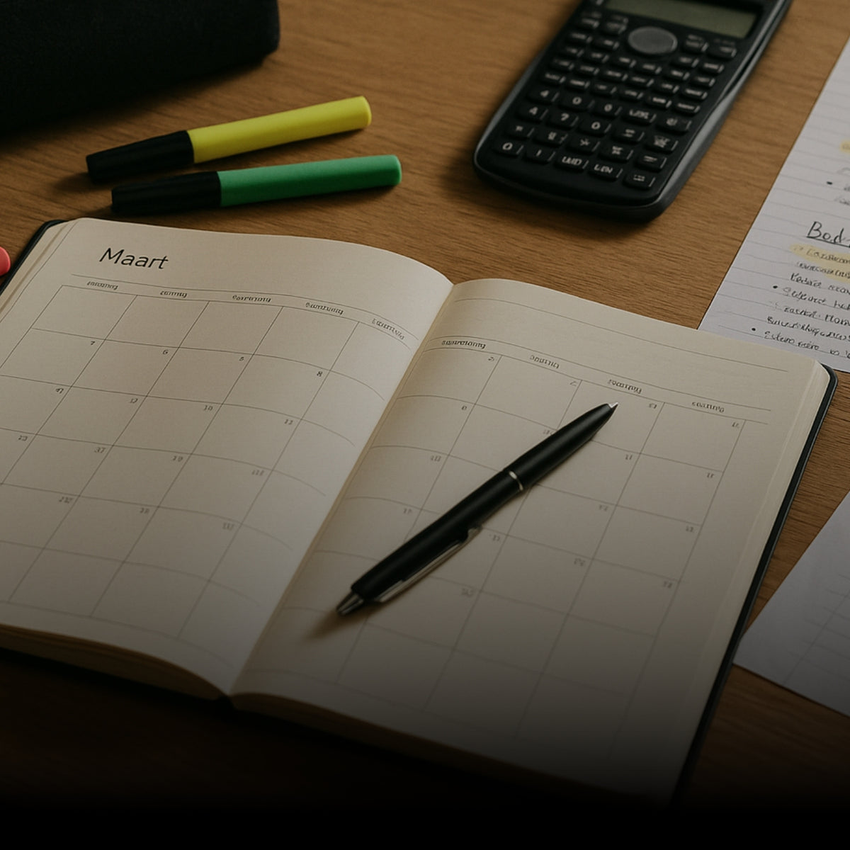 Examendata 2027: open agenda met pen, markeerstiften en rekenmachine