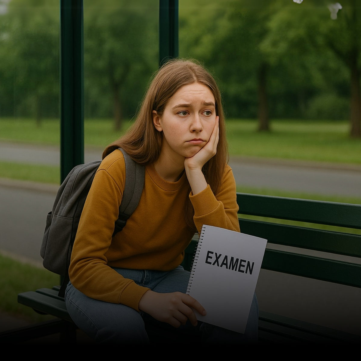 Leerling wacht gespannen op haar examenuitslag op een bankje bij de bushalte