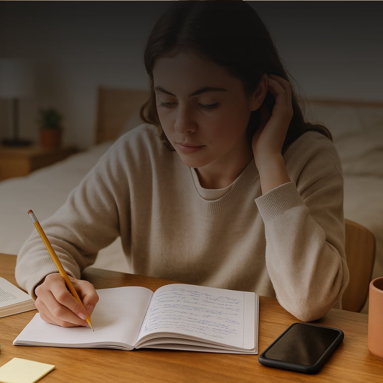 Leerling leert gemotiveerd voor haar examens aan haar bureau