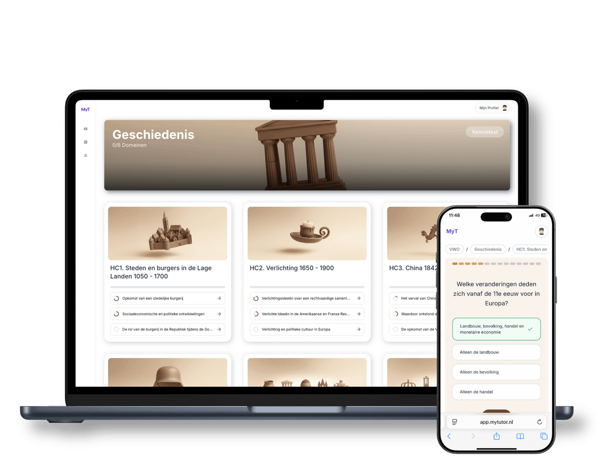 MyTutor online examentraining 2026 met toegang tot examens per onderwerp, samenvattingen, kennistesten, flashcards en examentips.
