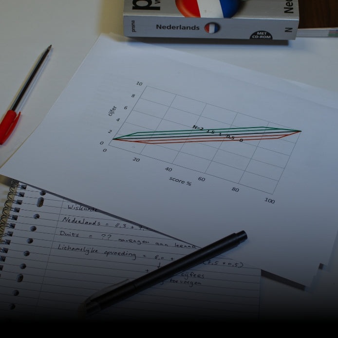 Normeringsgrafiek van het eindexamen met pen en woordenboek