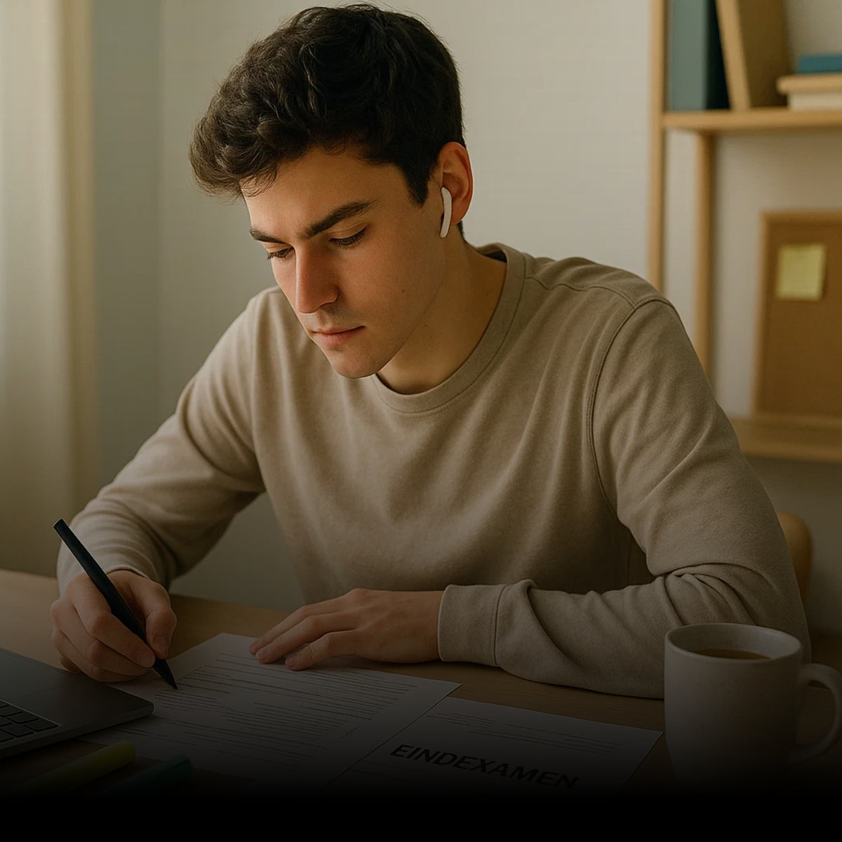 Leerling oefent oude examens aan zijn bureau