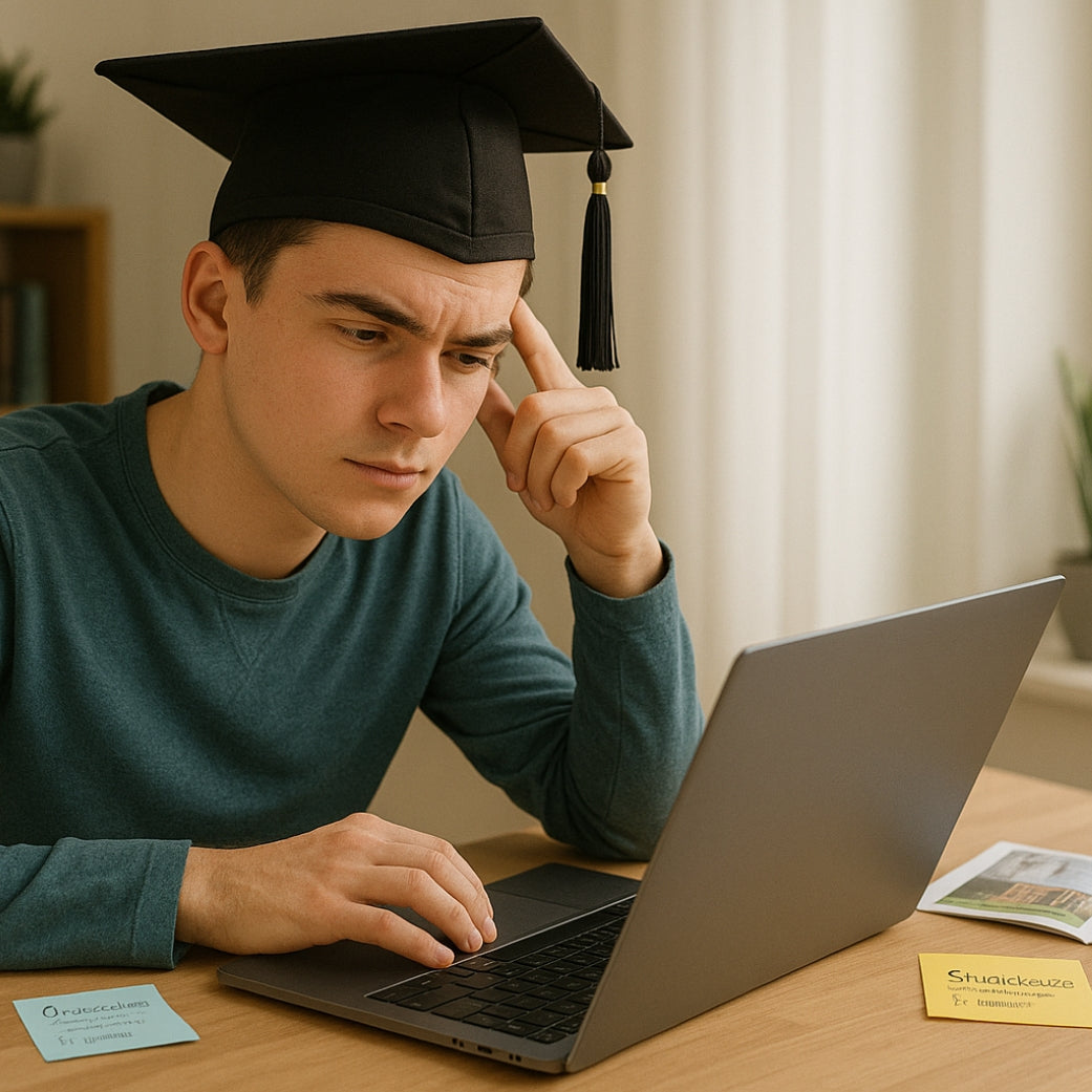 Geslaagde leerling met examenhoed denkt na over een vervolgopleiding achter zijn laptop