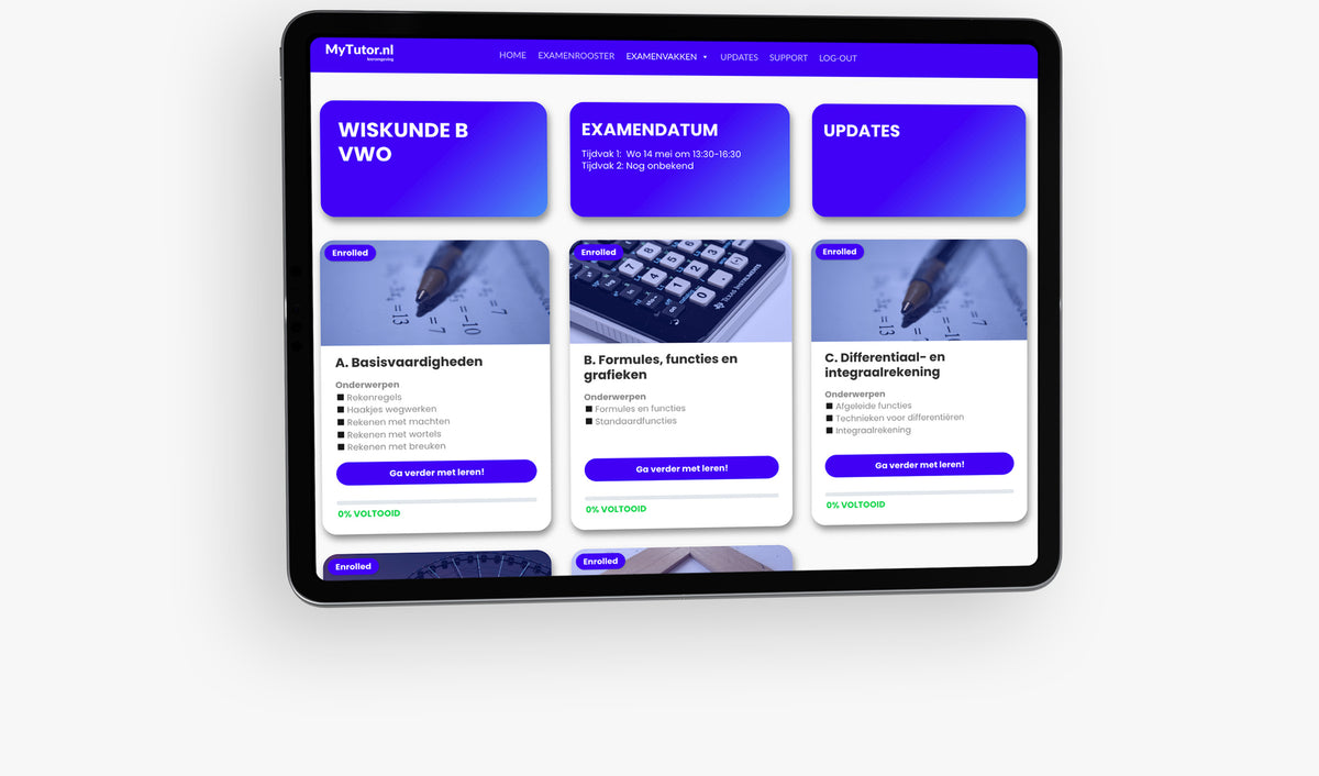 Interactieve leeromgeving binnen de online examentraining van MyTutor.nl voor het vak wiskunde B op VWO-niveau.